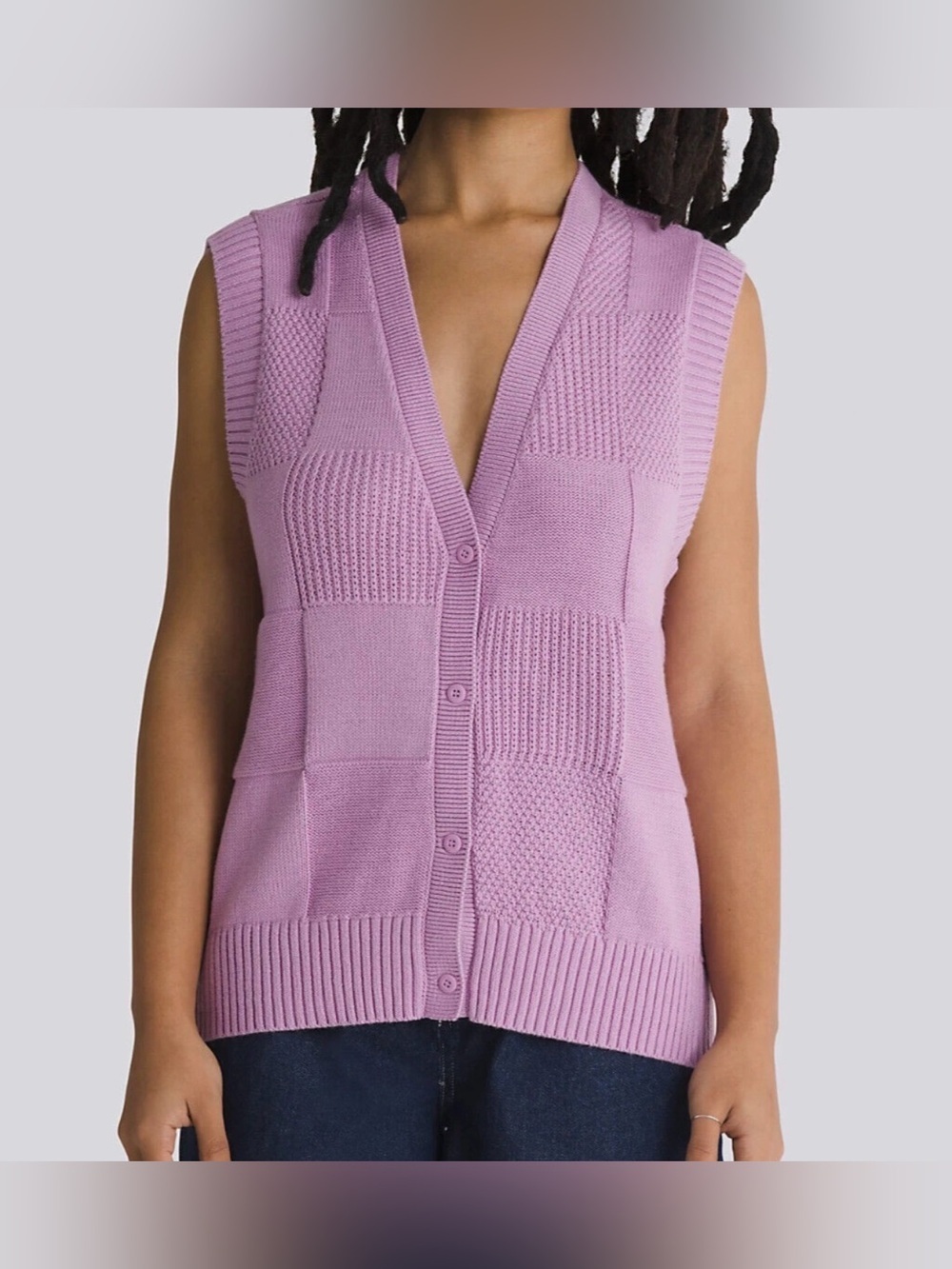 Vans Smoky Grape Patchwork Knit Sweater Vest Size Small 100% Cotton Button Front